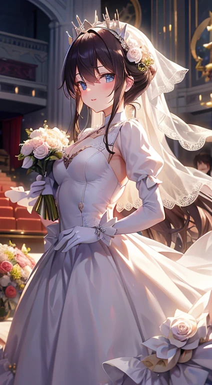 wedding gown,auditorium,Flying white doves,Holding roses in hand,divino