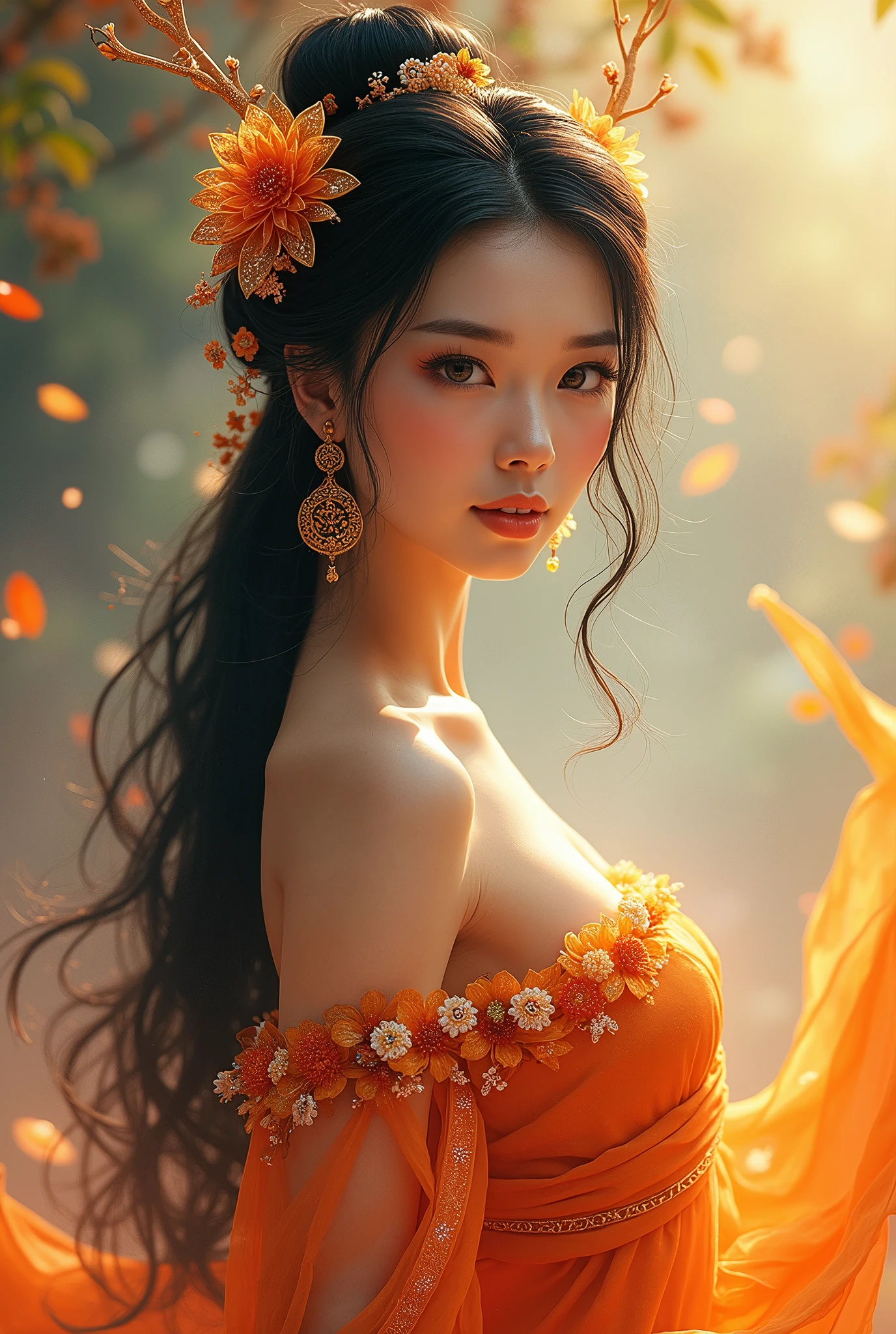 super detailed, realistic, vietnamese goddess, gorgeous detailed eyes, gorgeous detailed lips, shiny black hair, big and beautiful breasts, sparkling ornaments, mysterious aura, sublime beauty, elegant posture, divine light, powerful presence, Surrounding Heaven, bright colors, fairy-tale atmosphere, brilliance, calm expression, transcendent energy, supreme being, legendary figure, queen of heaven, spiritual empowerment, liberated god, Great Goddess, Divine Feminine, unparalleled elegance, Majestic presence, captivating gaze, magical atmosphere, peaceful tranquility, Inspiring brilliance, God's grace, majestic power, eternal silence, Magical amulet, Goddess of Heaven, enchanting beauty, sublime perfection, dreamy atmosphere, enchanting beauty, heavenly divinity