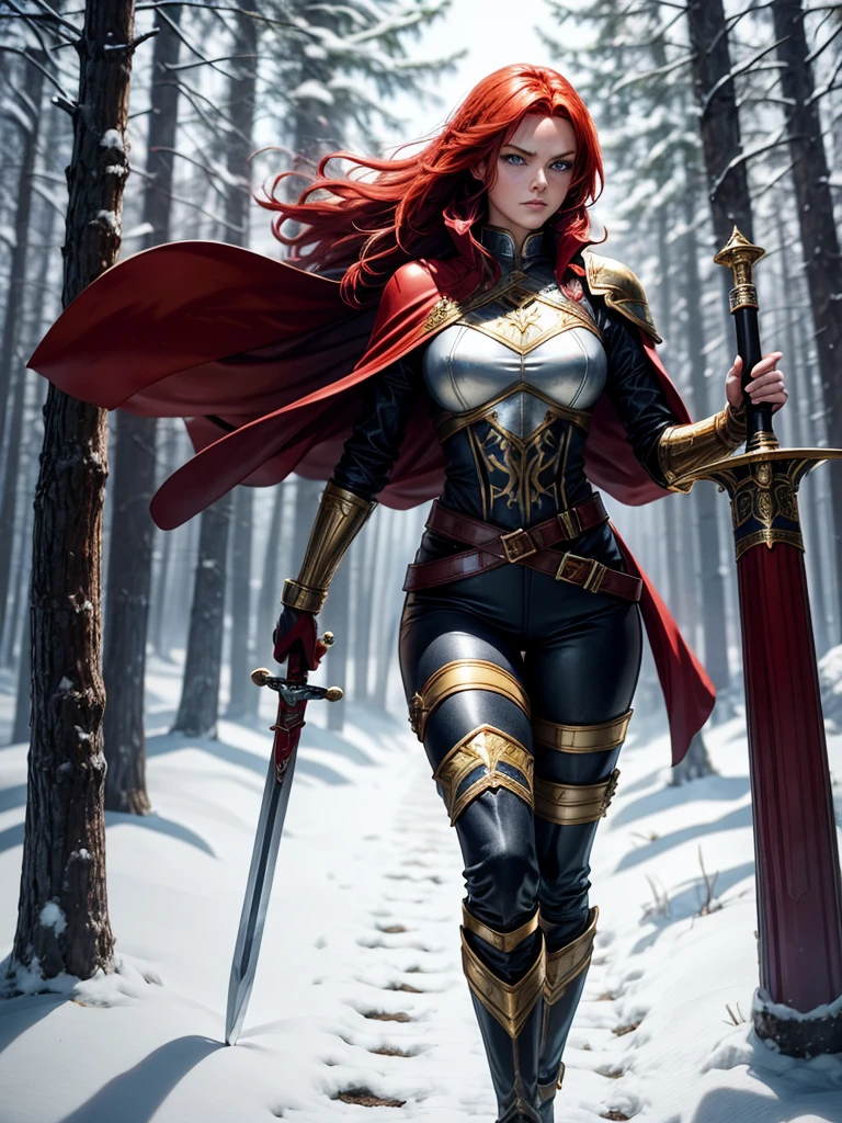 Sylara Stormblade, a tall woman with bright red hair and blue eyes, wearing elegant mithril armor with golden details, tight black leather pants with metallic segments, a sturdy belt with multiple compartments and pouches for storing items and a scabbard for her sword, knee-high leather boots, with shin and ankle reinforcement, in golden details, anime style, standing in a forest, wearing gauntlets and a red cape, in the snow, showing her whole body in an action pose.