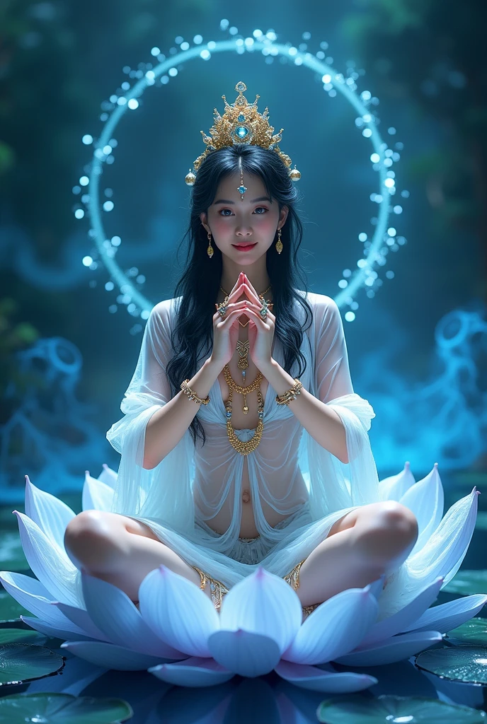 Only Attractive blue colors,ultra-high resolution, Attention to detail, Highest quality, Photorealistic, (((女god))), ((Glamour body:1.2, Sensual body:1.2, Saggy big breasts:1.3, Lower abdomen with fat:1.2)), , (See-through feather robe), Asian Woman Face, Baby Face, The eyes are large, Full body portrait, glossy and shimmering black hair, Mizura, Multiple rings on wrists and ankles, A necklace studded with jewels, Beautiful golden crown with decorations, god々New Background, Multiple lights dance in the air, Making a ring with the thumbs and index fingers of both hands, Sitting cross-legged, Sitting on a lotus flower