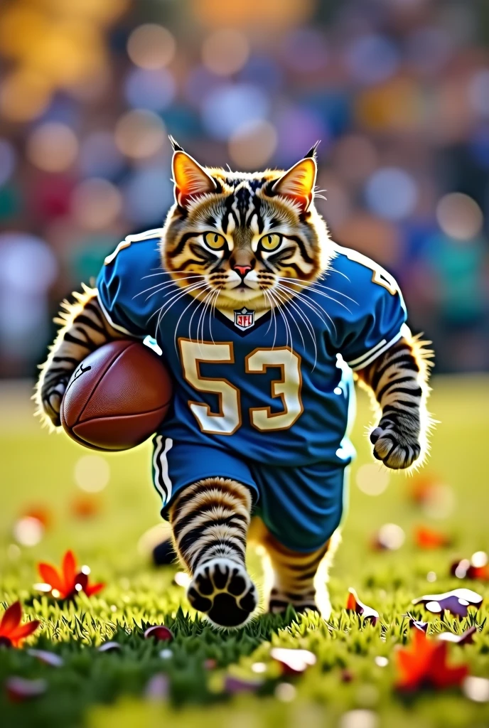 Fat cat wearing a football jersey, Football in hand