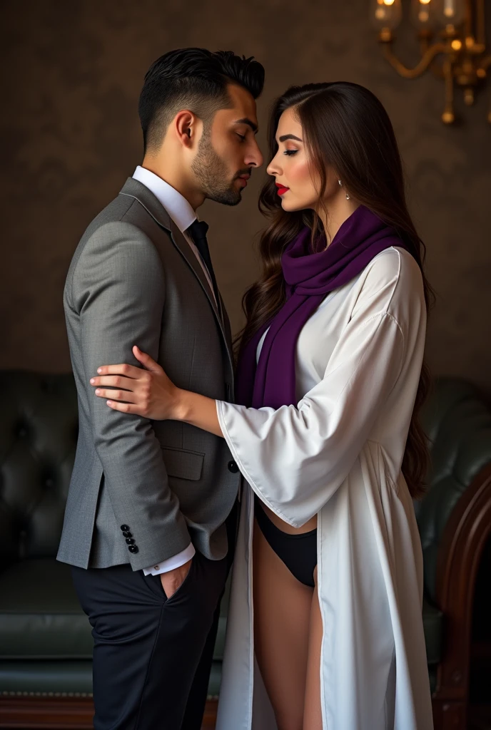 Beautiful Mistress, Her name is Mahla , avarage body, she's 19 years old, brown long hairs, withe skin, Azerbaijani face, wearing a withe manto, wearing withe T shirt , wearing purple scarf , wearing black slippers , she trampling her boyfriend's mouth, her boyfriend's name is Yasin, Yasin wearing suit , Yasin's mouth trampled by Mahla , Yasin Surrendering against Mahla