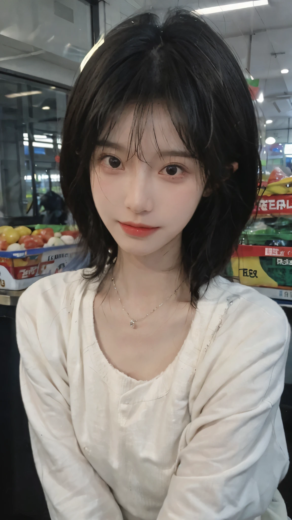 Best quality，Ultra-high resolution,(Realism:1.4)，short hair，Cute hairpins，girll,Cropped black sweater，Look directly at the audience，Full of atmosphere，Beautiful woman with a slim figure:1.4，supermarket，whole body，Super delicate face，Exquisite eyes，Double eyelids，necklace