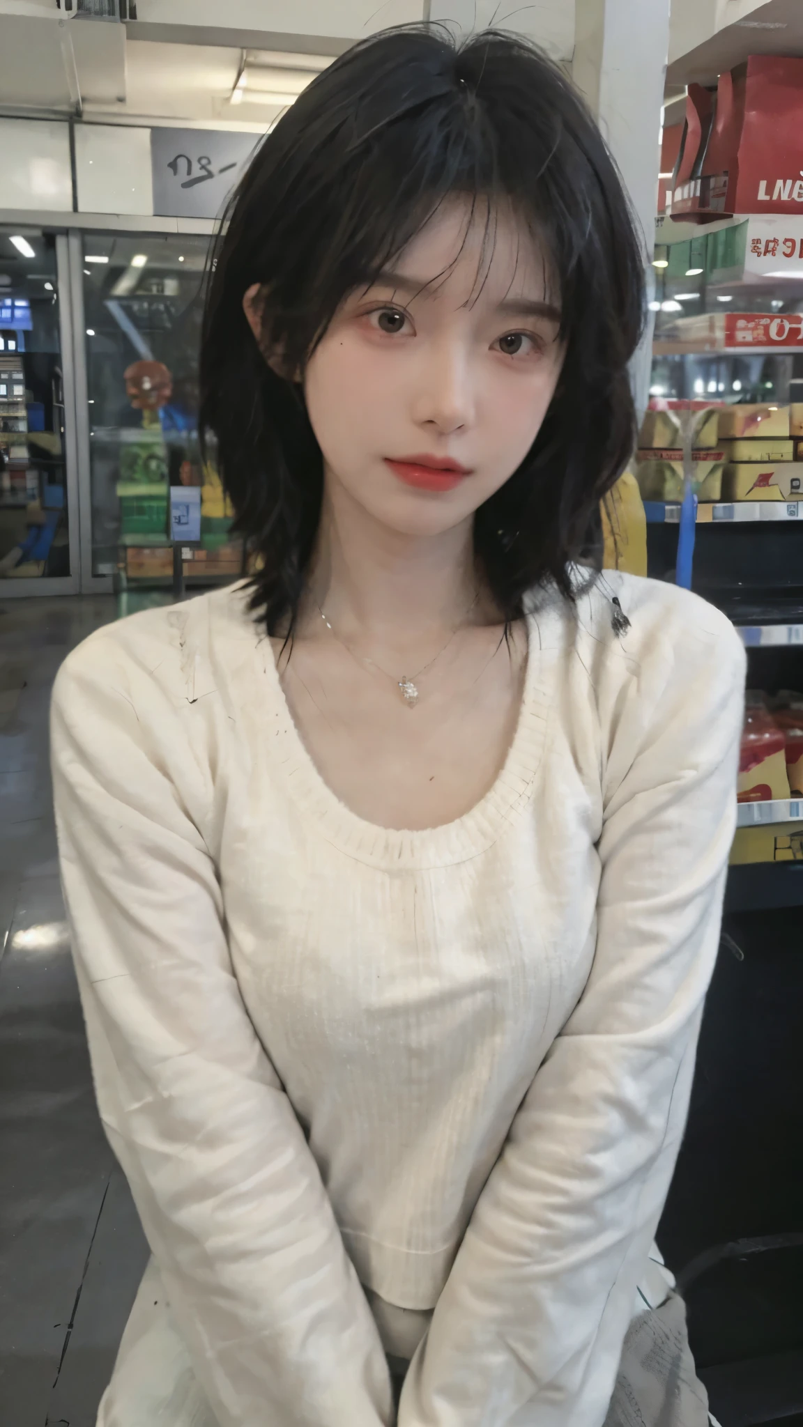 Best quality,Ultra-high resolution,(Realism:1.4),short hair,Cute hairpins,girll,Cropped black sweater,Look directly at the audience,Full of atmosphere,Beautiful woman with a slim figure:1.4,supermarket,whole body,Super delicate face,Exquisite eyes,Double eyelids,necklace