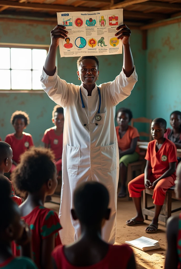 Image of poor people receiving an infographic from a person in a surgical suit