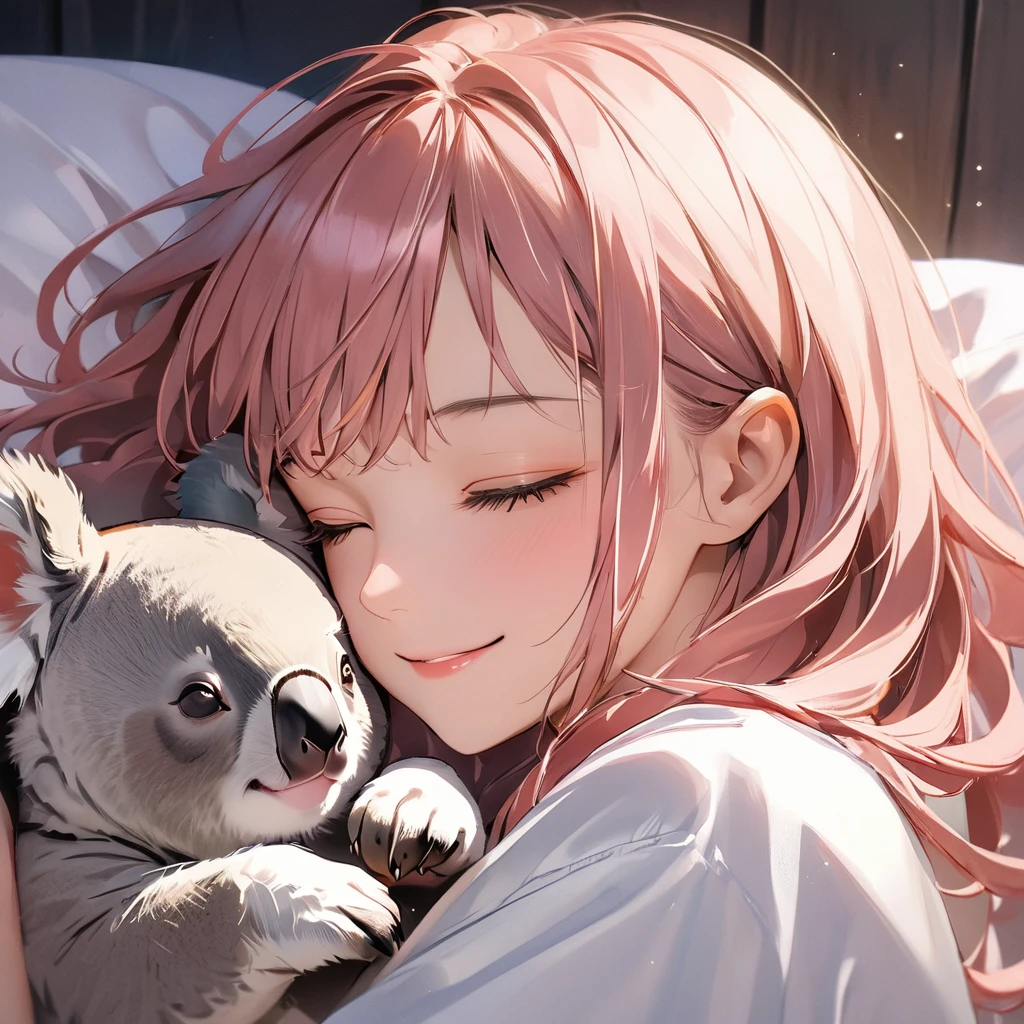 (digital art:1.3),(top-quality),(masuter piece),(4k),(perfect anatomy),Delicately drawn face,girl with a pretty face,Mischievous smile,(Beautiful silky wthite hair:1.3),detailed koala sleeping happily,detailed koala is sleeping around the girl