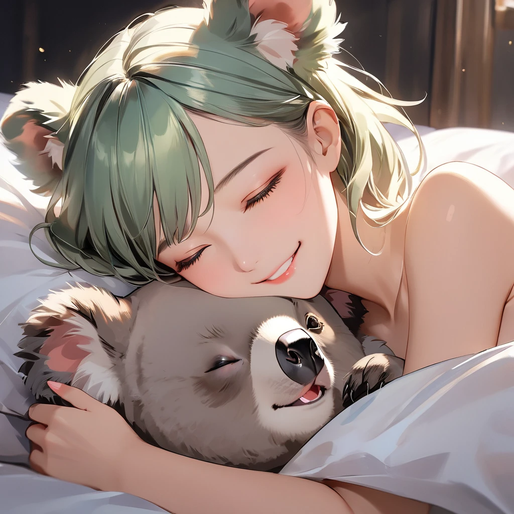 (digital art:1.3),(top-quality),(masuter piece),(4k),(perfect anatomy),Delicately drawn face,girl with a pretty face,Mischievous smile,(Beautiful silky wthite hair:1.3),detailed koala sleeping happily,detailed koala is sleeping around the girl