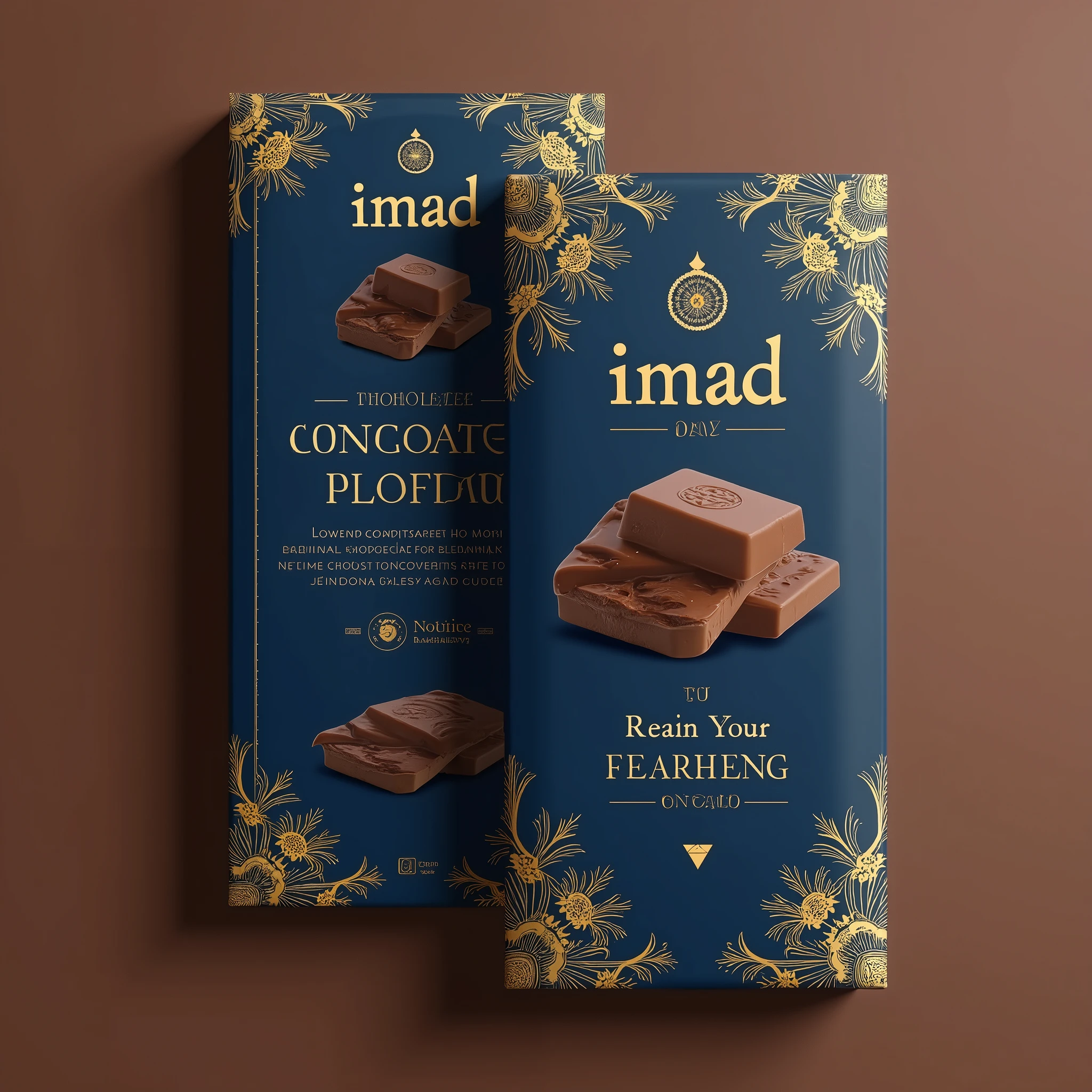 design me chocolate packaging , logo name "imad" , golden and blue colors