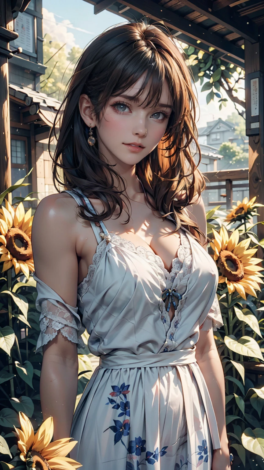 (Absurd, High resolution, Super detailed), masterpiece, Hinata(bolt), ((alone)), One girl,Medium chest, Long purple Victorian dress, Mouth closed, (((Long Hair))),Are standing, Bodice and skirt patterns, Frilled Skirt, race, Blinking blinking effect, (((Detailed lips))), garden, Pink and yellow flowers, ((Realistic Skin)), Glowing Skin, ((Glossy Red Lips)), Purple eyes, Portraiture, beautiful, smile, (((Dark blue hair))), Bust Crop, Normal skin