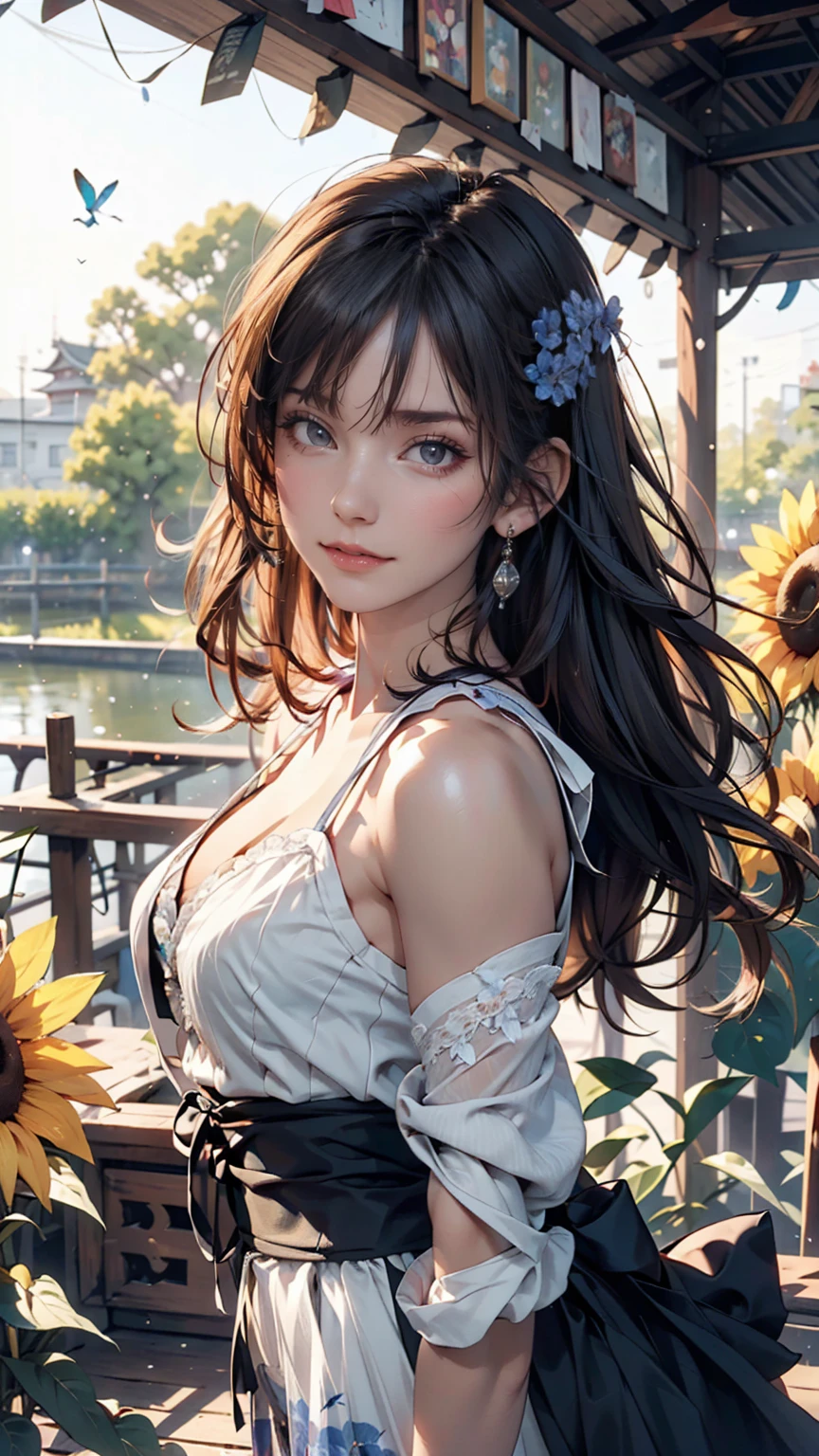Fictional character composition, Wearing young blue flowers, Surrounded by sunflowers, main character, Open your eyes, Her hair was blown by the wind, And the sun heals, Close-up monochrome painting, cute, dream-like, Oil painting style, Acrylic paint,, Japanese, An interesting concept, Interesting picture - ar 3:4 - 20 pieces - 5 pieces or more、Summer Dresses(Blowing in the Wind)