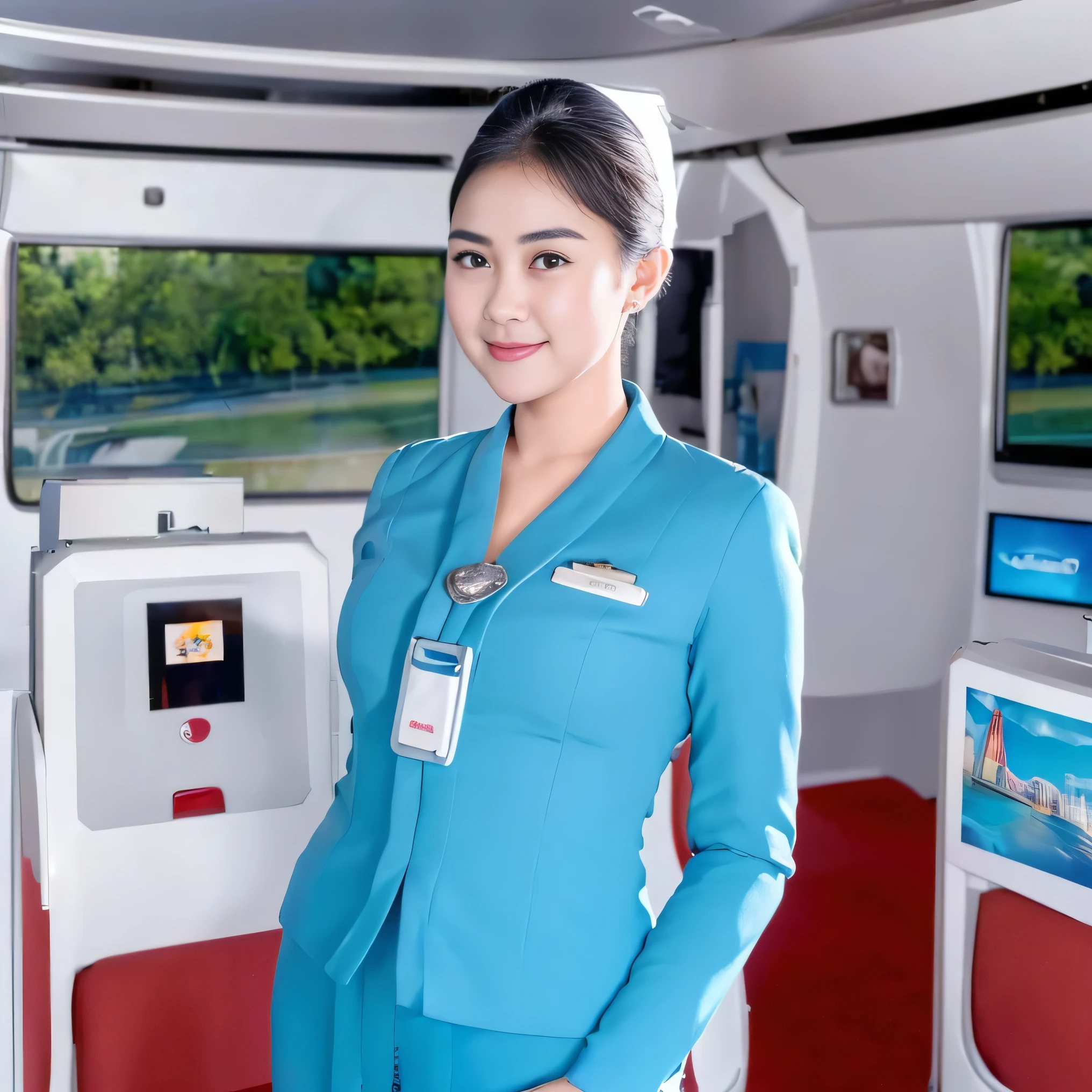 1girl, solo, standing,  beautifully international airport scenery, cute little smirk, detailed eyes, thick medium breasts, smooth realistic skin, wearing flight attendant uniform, looking at the audience, (Overhead shot:1.3), (zoom out:1.4), (8k, RAW photo, best quality, masterpiece: 1.2), (realistic, realistic: 1.37), ultra-high resolution