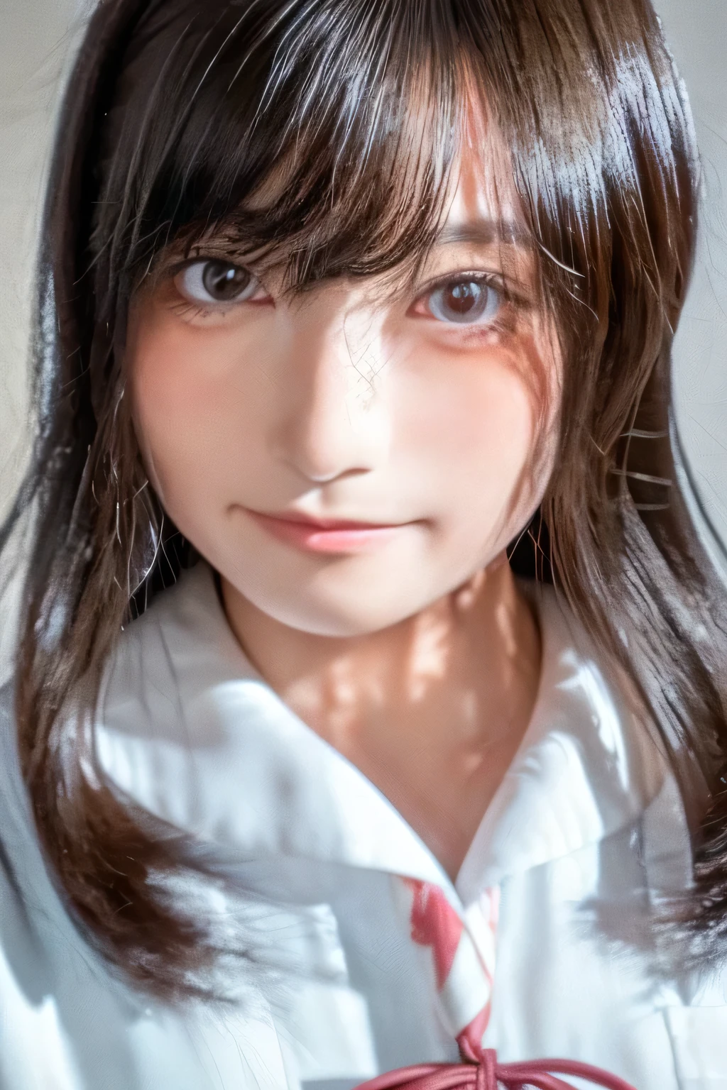 Highest quality, Face Focus, Soft Light, Ultra-high resolution, (Realistic:1.4), RAW Photos, One of the Japan, alone, cute, (pupil, light in your eyes), Beautiful face in every detail, (Small Box),(High resolution detail of human skin texture), (Medium-long hair),In the classroom , Wearing a high school uniform, (Portraiture),smile
