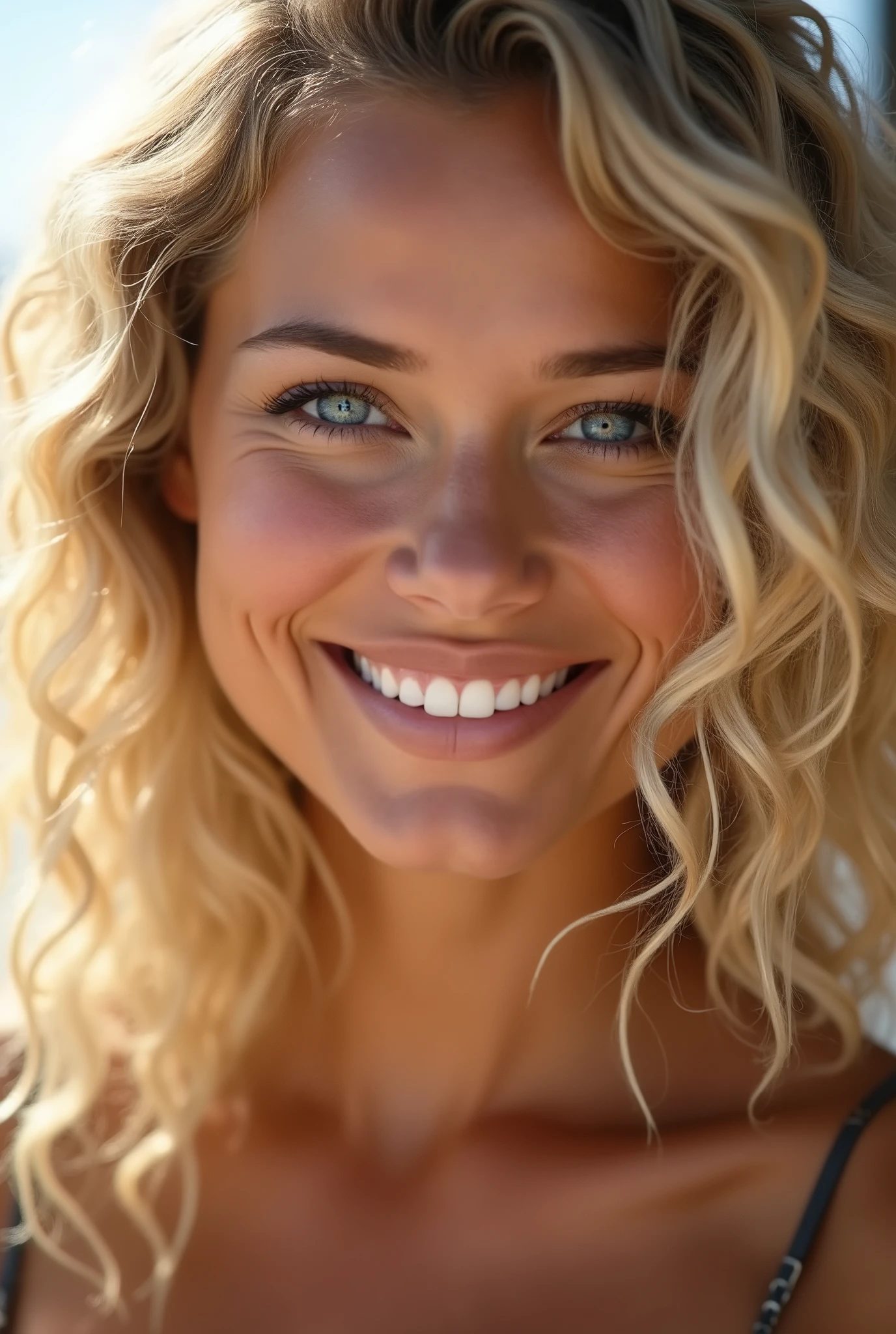 Woman with blonde curly hair, blue eyes, tanned skin, slightly full lips 