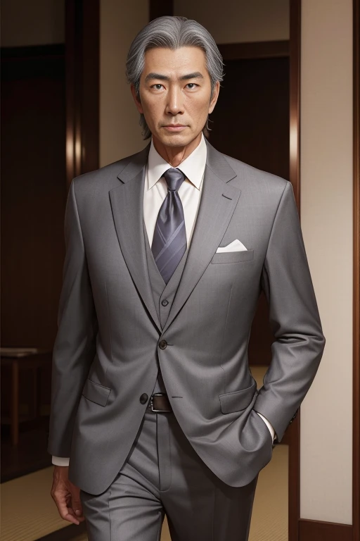 60-year-old elderly male,Tall and lean,Etched wrinkles,Romance Gray,Japanese,sharp businessman,Realistic suit,Sense of luxury,Anime Style,