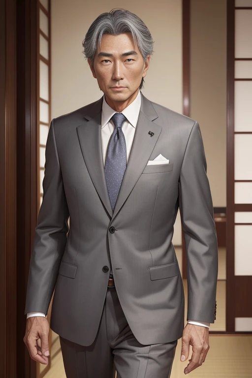 60-year-old elderly male,Tall and lean,Etched wrinkles,Romance Gray,Japanese,sharp businessman,Realistic suit,Sense of luxury,Anime Style,