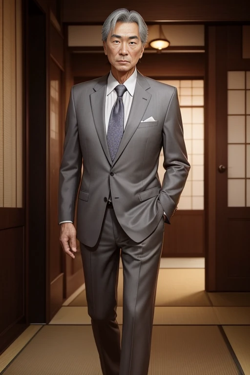 60-year-old elderly male,Tall and lean,Etched wrinkles,Romance Gray,Japanese,sharp businessman,Realistic suit,Sense of luxury,Anime Style,