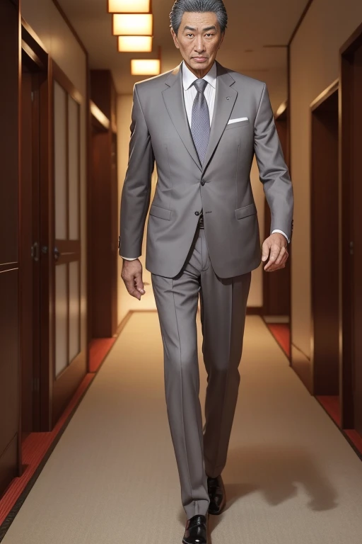 60-year-old elderly male,Tall and lean,Etched wrinkles,Romance Gray,Japanese,sharp businessman,Realistic suit,Sense of luxury,Anime Style,