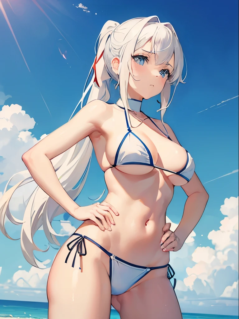 ((4K, ​master piece, Best Quality)), 1girl in, Medium White Hair, Beautiful sky blue eyes, Pony tail, Swimsuit, bikini, at noon,  Cute, blush, medium breasts⁩, Annoyed look, hands on hips, white bikini, facing front