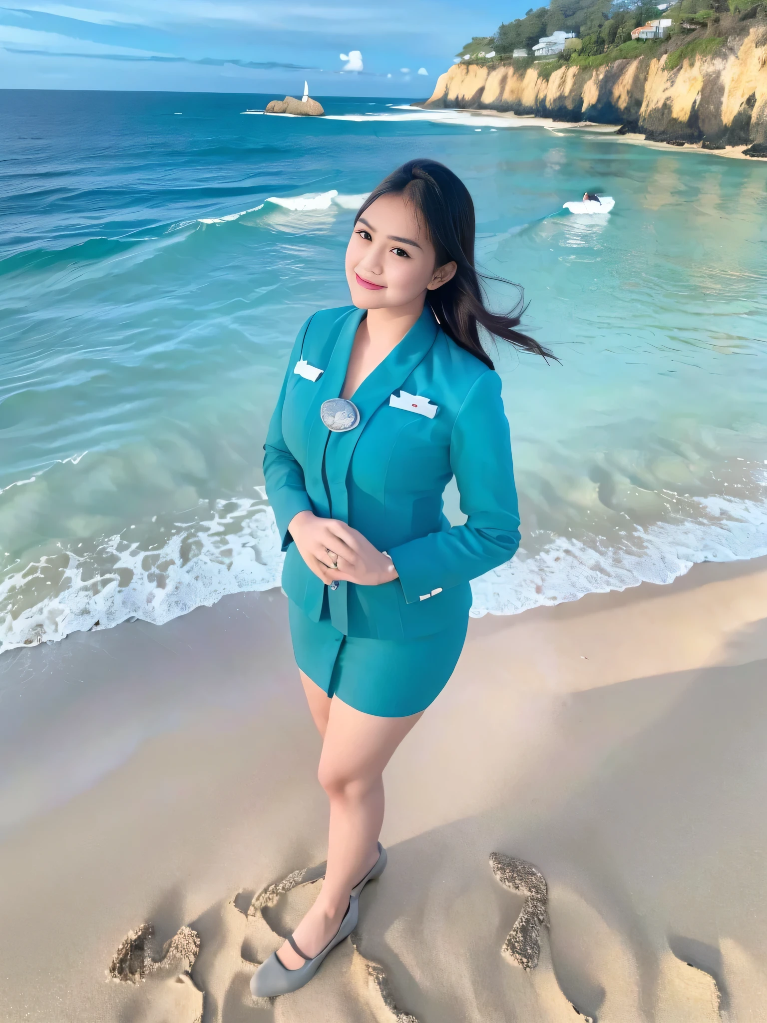 1girl, solo, standing, at the beach,  beautifully ocean scenery, cute little smirk, detailed eyes, thick medium breasts, smooth realistic skin, wearing flight attendant uniform, looking at the audience, (Overhead shot:1.3), (zoom out:1.4), (8k, RAW photo, best quality, masterpiece: 1.2), (realistic, realistic: 1.37), ultra-high resolution