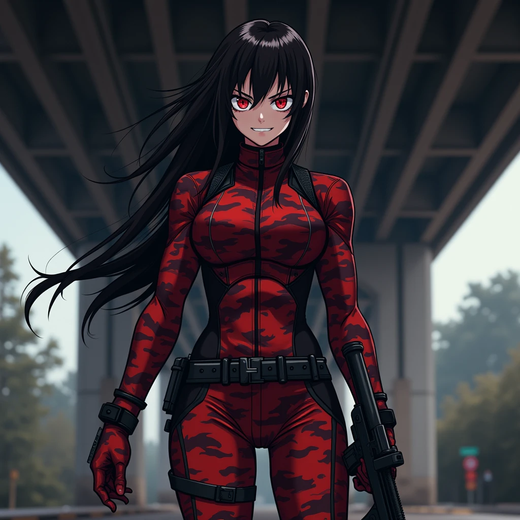 Girl, Soldier, Long Hair, Military Outfit, Red and Black Camouflage, Evil Smile, under bridge, anime