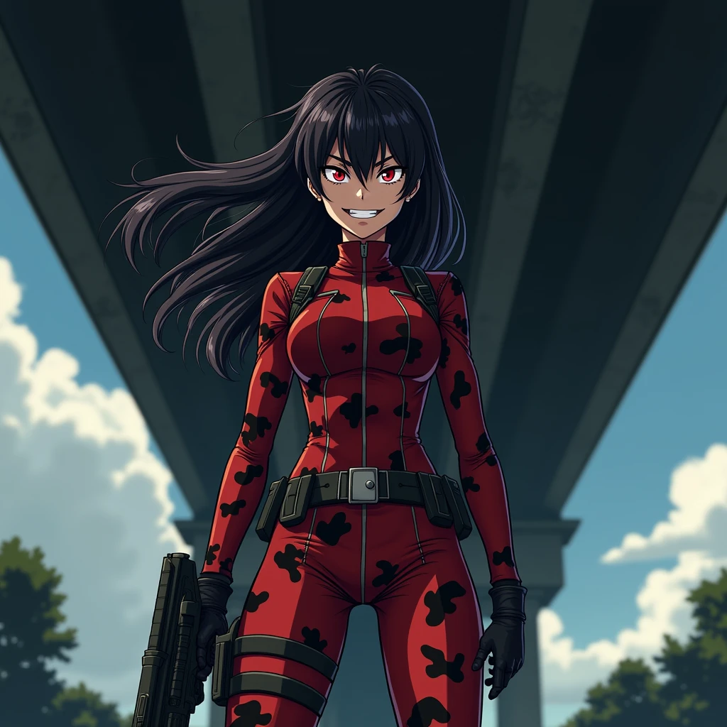 Girl, Soldier, Long Hair, Military Outfit, Red and Black Camouflage, Evil Smile, under bridge, anime