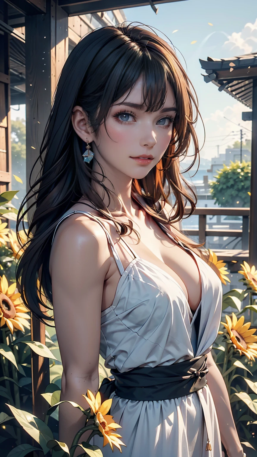 Fictional character composition, Wearing young blue flowers, Surrounded by sunflowers, main character, Open your eyes, Her hair was blown by the wind, And the sun heals, Close-up monochrome painting, cute, dream-like, Oil painting style, Acrylic paint,, Japanese, An interesting concept, Interesting picture - ar 3:4 - 20 pieces - 5 pieces or more、Summer Dresses(Blowing in the Wind)