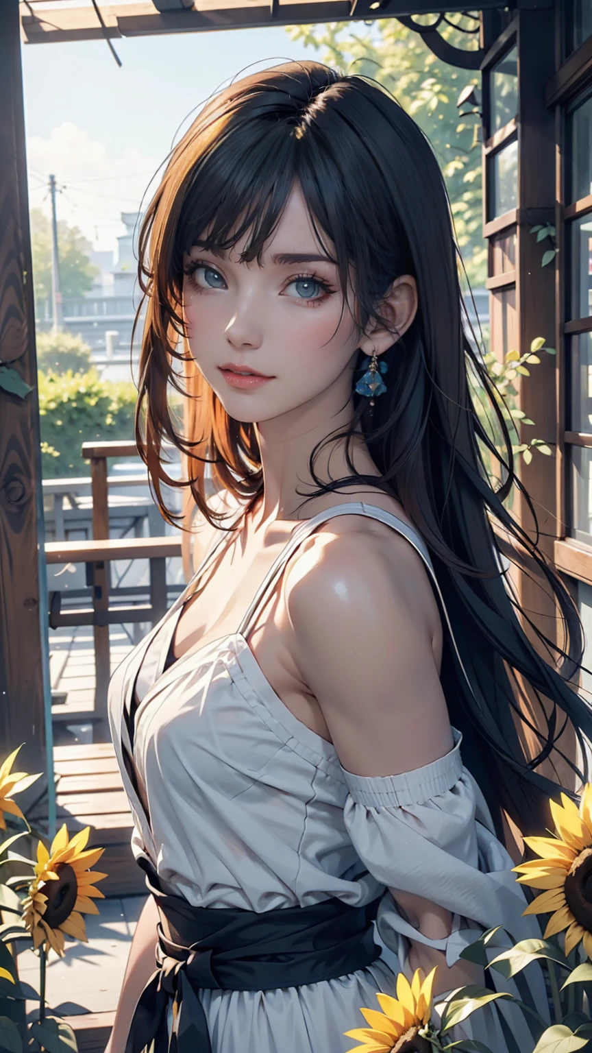Fictional character composition, Wearing young blue flowers, Surrounded by sunflowers, main character, Open your eyes, Her hair was blown by the wind, And the sun heals, Close-up monochrome painting, cute, dream-like, Oil painting style, Acrylic paint,, Japanese, An interesting concept, Interesting picture - ar 3:4 - 20 pieces - 5 pieces or more、Summer Dresses(Blowing in the Wind)