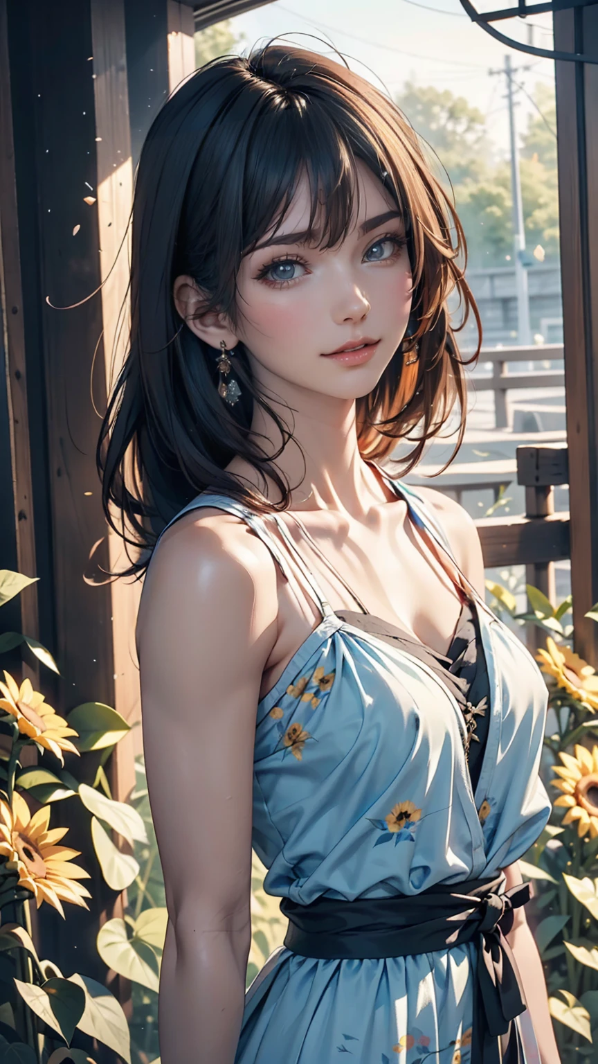 Fictional character composition, Wearing young blue flowers, Surrounded by sunflowers, main character, Open your eyes, Her hair was blown by the wind, And the sun heals, Close-up monochrome painting, cute, dream-like, Oil painting style, Acrylic paint,, Japanese, An interesting concept, Interesting picture - ar 3:4 - 20 pieces - 5 pieces or more、Summer Dresses(Blowing in the Wind)