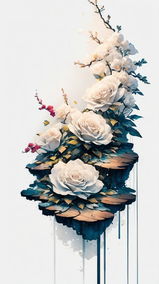 (White Background:1.3), scenery, A rose flower floating on water, ice water, wood, ink
