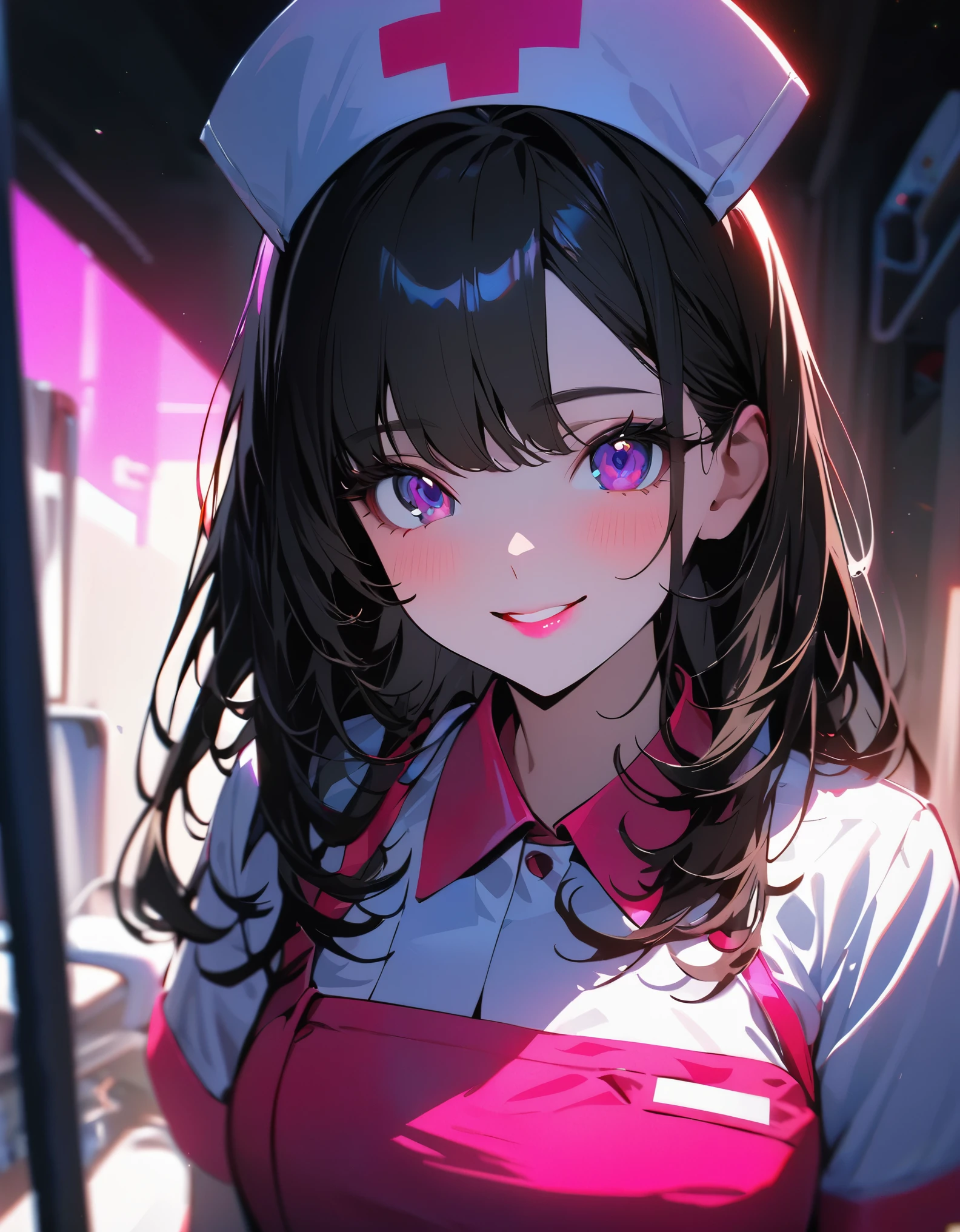 (highest quality:1.2, Very detailed, Latest, Vibrant, 超High resolution, High Contrast, masterpiece:1.2, highest quality, Best aesthetics), (((1 girl))), Beautiful nurse, Cute smiling nurse, Carefully drawn medical equipment, Medical Uniforms, Professionalism, Bright colors, Soft lighting, Expressive eyes, Detailed lips, Long eyelashes, original, Pleasant atmosphere, confidence, Focus on the nurse's face, Positive Energy, Calm background, Nurturing presence, High resolution, Sharp focus.