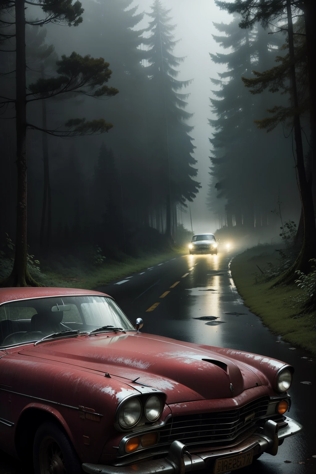 classic car abandoned in a deep forest old buildings in the distance raining at night red lights glaring