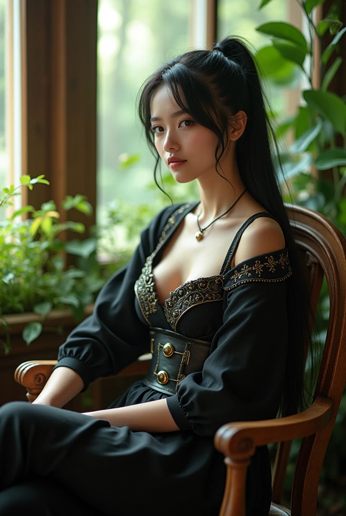(photorealism:1.2), beautiful woman, sitting on chair, wearing black smith costume from ragnarok online, ragnarok online, long black hair, pony tail, soft lighting, plants in background, window with sunlight, cozy forest, relaxed pose, realistic.