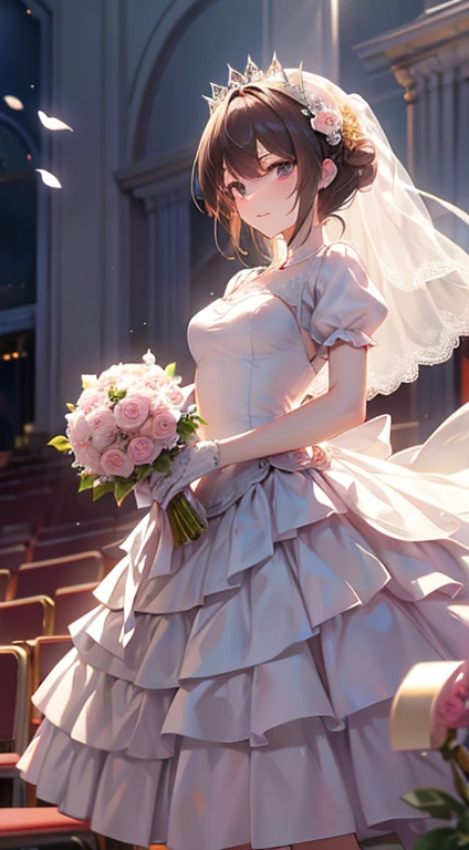 wedding gown，auditorium，Flying white doves，Holding roses in hand，divino