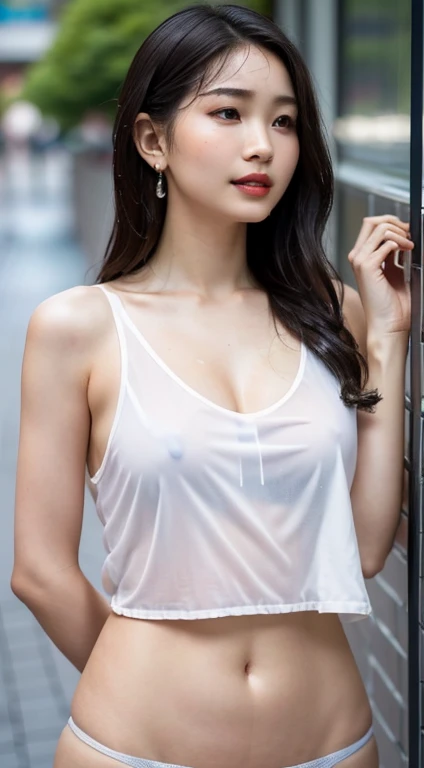 (Highest quality, 4K, masterpiece :1.3), Beautiful woman, One person, sexy :1.1, Black Hair: 1.1, (It rained and I got wet, raindrop, Wet body :1.2), White See-Through Tank Top, Highly detailed face, Detailed lips, Detailed eyes, Condensed milk overflows from the mouth、Detailed breast shape、Detailed nipplesの形、Smiling suspiciously、Small breasts、Detailed breast shape、Detailed nipples、Detailed genitals、Beautiful groin、Beautiful groin、Beautiful thighs、Peering into the audience、Condescending expression、