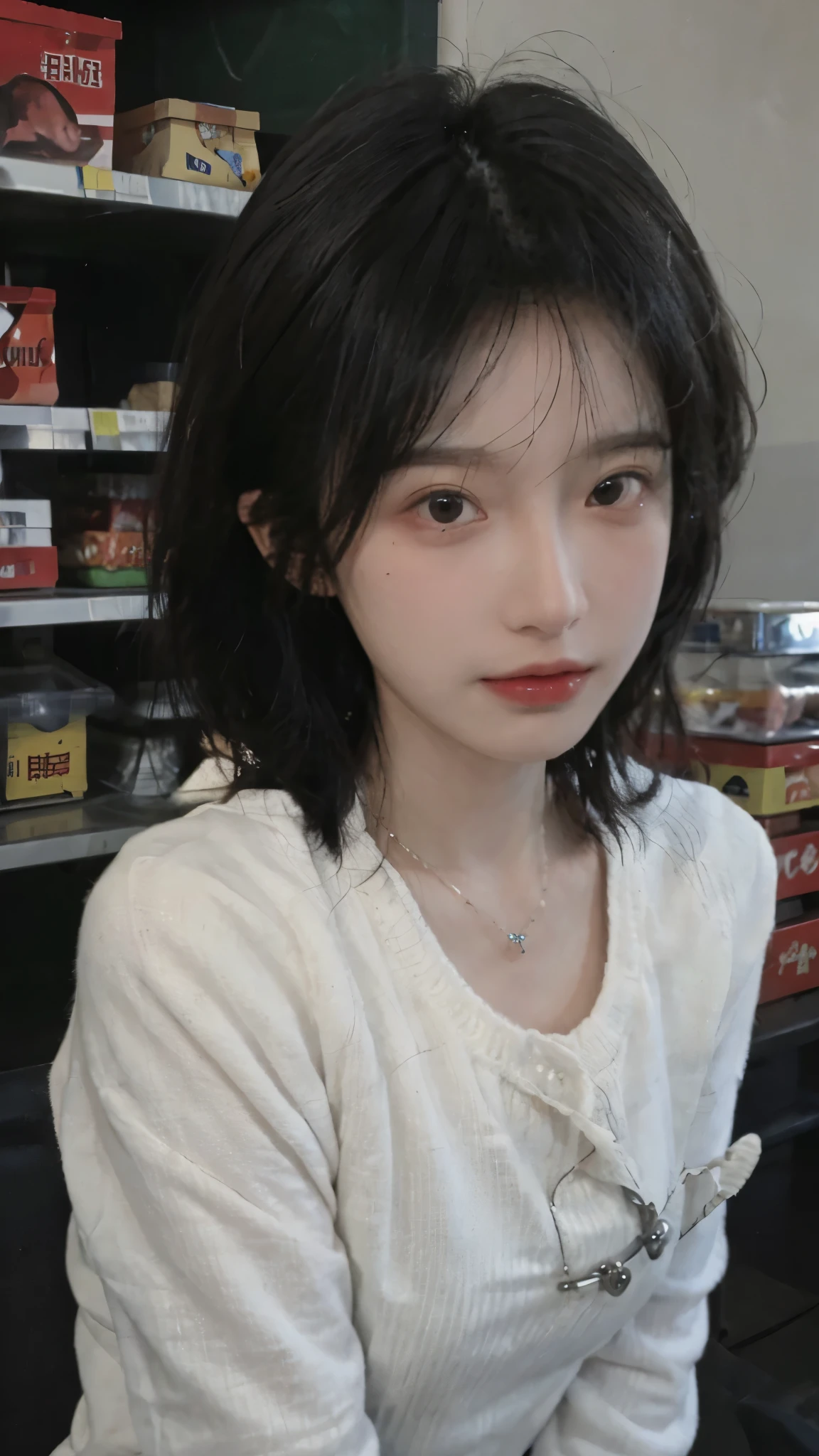 Best quality,Ultra-high resolution,(Realism:1.4),short hair,Cute hairpins,girll,Cropped black sweater,Look directly at the audience,Full of atmosphere,Beautiful woman with a slim figure:1.4,supermarket,whole body,Super delicate face,Exquisite eyes,Double eyelids,necklace