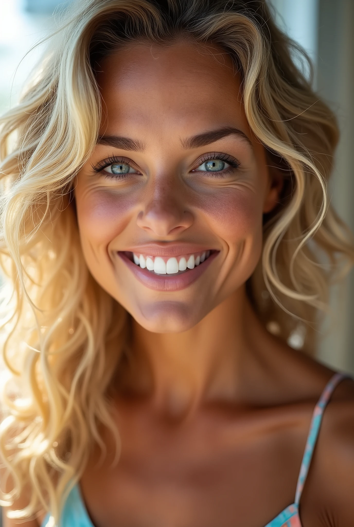 Woman with blonde curly hair, blue eyes, tanned skin, slightly full lips