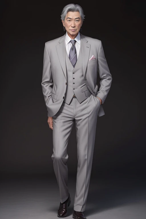 60-year-old elderly male,Tall and lean,Etched wrinkles,Romance Gray,Japanese,sharp businessman,Realistic suit,Sense of luxury,Anime Style,Japanese illustration style, 