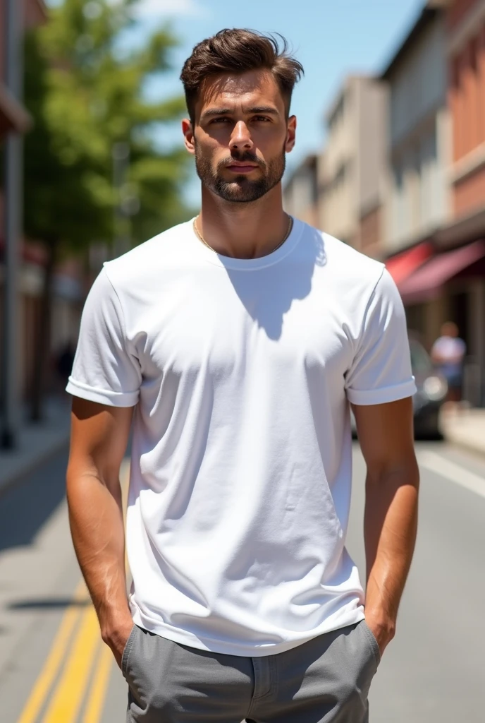 A high-resolution, {{full-body from head to toe}}, front-facing image of a man, 1.85m tall wearing a plain white t-shirt and pants. The man is standing straight with a relaxed posture and a neutral expression. The scene is set against a [urban/street] background with [bright daylight]. The t-shirt is smooth, with minimal folds, ideal for overlaying designs. The image captures the entire body from head to toe, with realistic lighting and detailed textures.