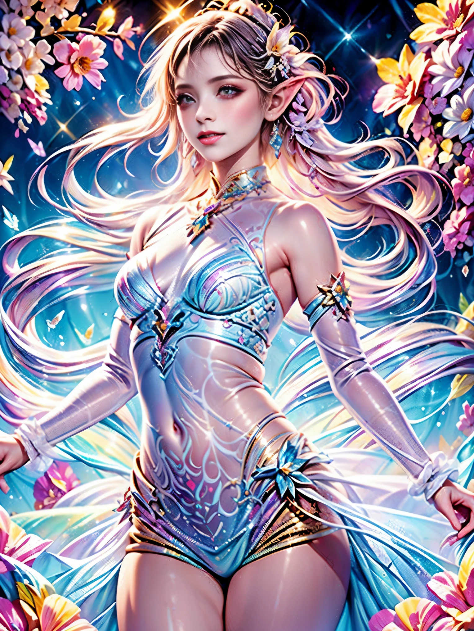 Welcome to the fantasy unknown country，（The female elf guides you，anatomically correct，Accurate and perfect European and American cartoon girl face），A kind smile，Transparent beautiful girl，beautiful fairy，Small ears，fly around，kaleidoscopic，Among thousands of purple and red flowers，digital illustration，Complex，Uptrend，pastel colors，(painting:1.5)，(vector illustration"1.5)，Award-winning photography，bokeh，depth of field，hdr，flowers，Color difference，Very detailed，Art Station Trends，CG social trends，Complex，high detail，Drama，midway art
