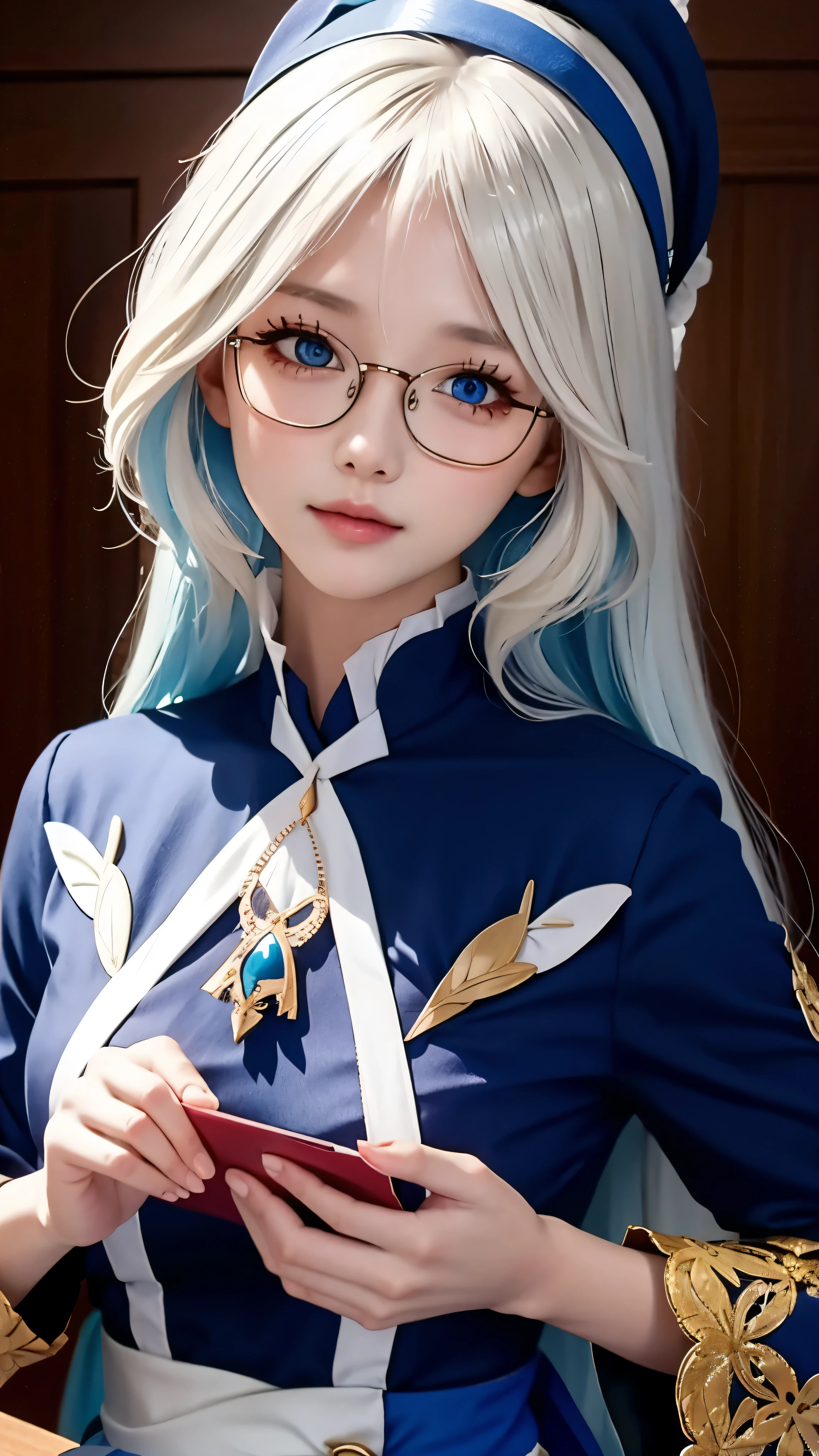 One dressed in blue、Close-up of a woman wearing a white headscarf, Gurwitz-style artwork, Most models | Art bud, extremely detailed Art bud, Hyper-realistic animation, Soft Portrait Photo 8k, Art bud. Anime Illustrations, Bovoort'Art style, Blonde Princess, 8k Art bud bokeh,Blue Hair,Semi-long hair,blue eyes,wear glasses(Key Points),huge