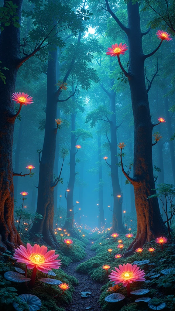 Imagine a surreal landscape where the plants themselves seem to be alive with energy and light. The primary flora in this world are tall, elegant trees with trunks made of smooth, crystalline material that glows softly in various hues—ranging from deep sapphire to shimmering emerald, depending on the time of day. These trees have branches that spread out like delicate fans, each one adorned with translucent, bioluminescent leaves that flutter gently in the nonexistent breeze, emitting a soft, ethereal light.

Beneath the trees, the ground is carpeted with glowing moss that seems to breathe with the rhythm of the world. Among the moss, delicate flowers bloom—each one resembling a small, radiant starburst. These flowers have petals made of an almost transparent material, catching and refracting the ambient light into tiny rainbows. Their centers contain tiny, swirling orbs of light that pulse with a gentle, soothing energy, attracting small, luminous insects that dance around them.

Scattered throughout the landscape are clusters of floating plants that defy gravity, their roots dangling freely in the air. These plants have large, fan-shaped leaves that are as thin as silk, and they sway gracefully, as if floating on an invisible current. Their colors shift constantly, blending from rich purples to vivid oranges, reflecting the ever-changing sky above. At the base of these floating plants, small, glowing fruits dangle, their surfaces covered in intricate patterns that seem to tell a story when observed closely.

In the deeper parts of the landscape, you might find plants that resemble giant, glowing tendrils, reaching up from the ground like living, breathing sculptures. These tendrils pulse with a soft, inner light, and when touched, they emit a harmonious tone, as if the plant itself is singing. The air around them is filled with a faint, sweet fragrance, reminiscent of blooming flowers and fresh rain.

These plants are not only beautiful but also deeply connected t