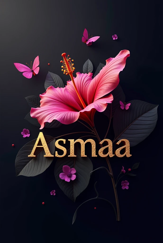 A breathtaking 3D render artwork masterfully crafted by Wesam, presenting the exquisite "Asmaa" logo. The design artfully combinestypography, illustration, and advanced rendering techniques, creating a visually stunning and unforgettable experience. At the center, a Hibiscus motif takes stage, featuring a butterfly revealing a blooming blossom, symbolizing appreciation and growth. The refined gold logo text, adorned with intricate gold and purple inlays, exudes elegance against a dark black background. The sleek, modern Hibiscus illustration embodies themes of beauty and progress, seamlessly blending modernity and classical charm. Bold colors and harmonious elements create a lasting impression, resulting in a visually stunning and memorable 3D render artwork by Wesam, encompassing 3D rendering