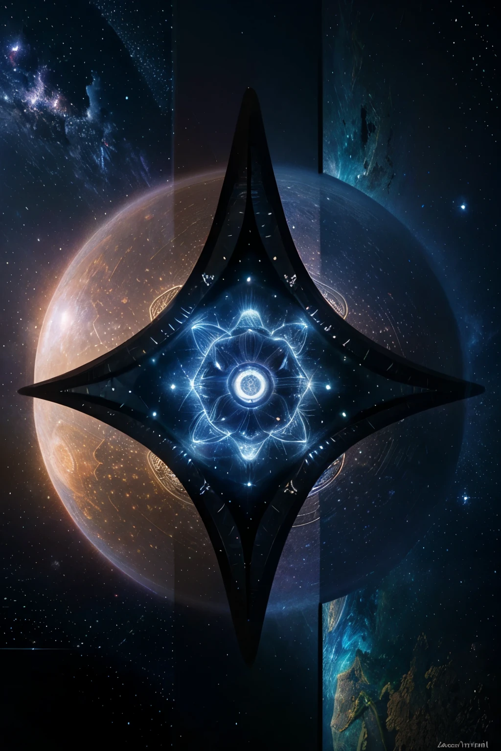 Samuel Farrand like artwork, depicting ancient geometry, intricate and detailed mandala designs, animals and other life forms in a solar or space type of feel and fused along with the lights and darks of space, complex, surreal, superimposed upon images of the physical life form, lighting effects, space animal, universal eye