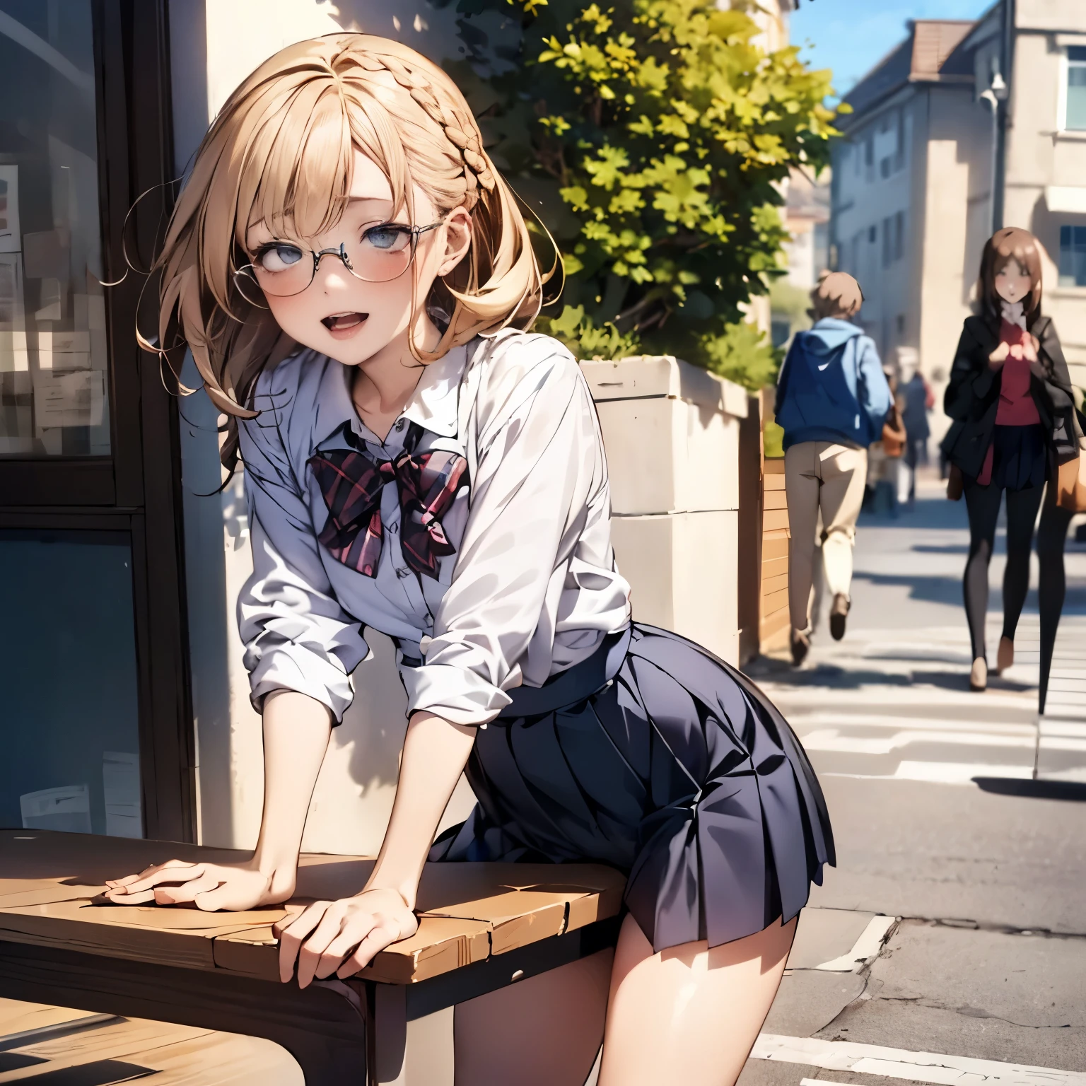 (depicting a single moment from a anime for adults), ((pubic hair, clitoris, braid, glasses, pleated skirt, ribbon, round face, eyes with realistic sizing, drooping eyes, blush, shame smile, thin lips, spread legs)), (((standing and straddling to hit her crotch against the corner of the table for self pleasure))), open mouth, (outside, on the sidewalk, terrace table),