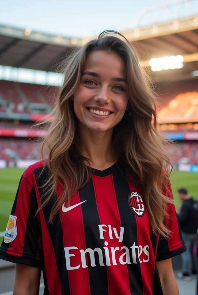 Wavy brown hair, green eyes, smiling happily in the AC Milan football jersey in front of the San Siro stadium in Milan