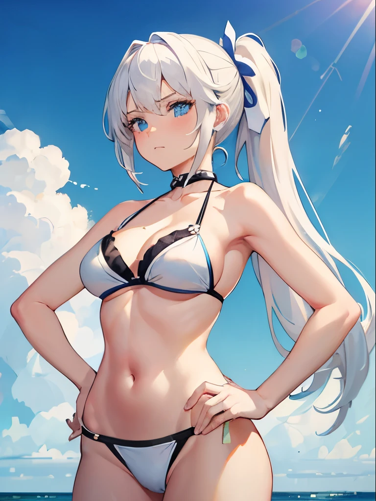 ((4K, master piece, Best Quality)), 1girl in, Medium White Hair, Beautiful sky blue eyes, Pony tail, Swimsuit, bikini, at noon, Cute, blush, medium breasts, Annoyed look, hands on hips, white bikini, facing front