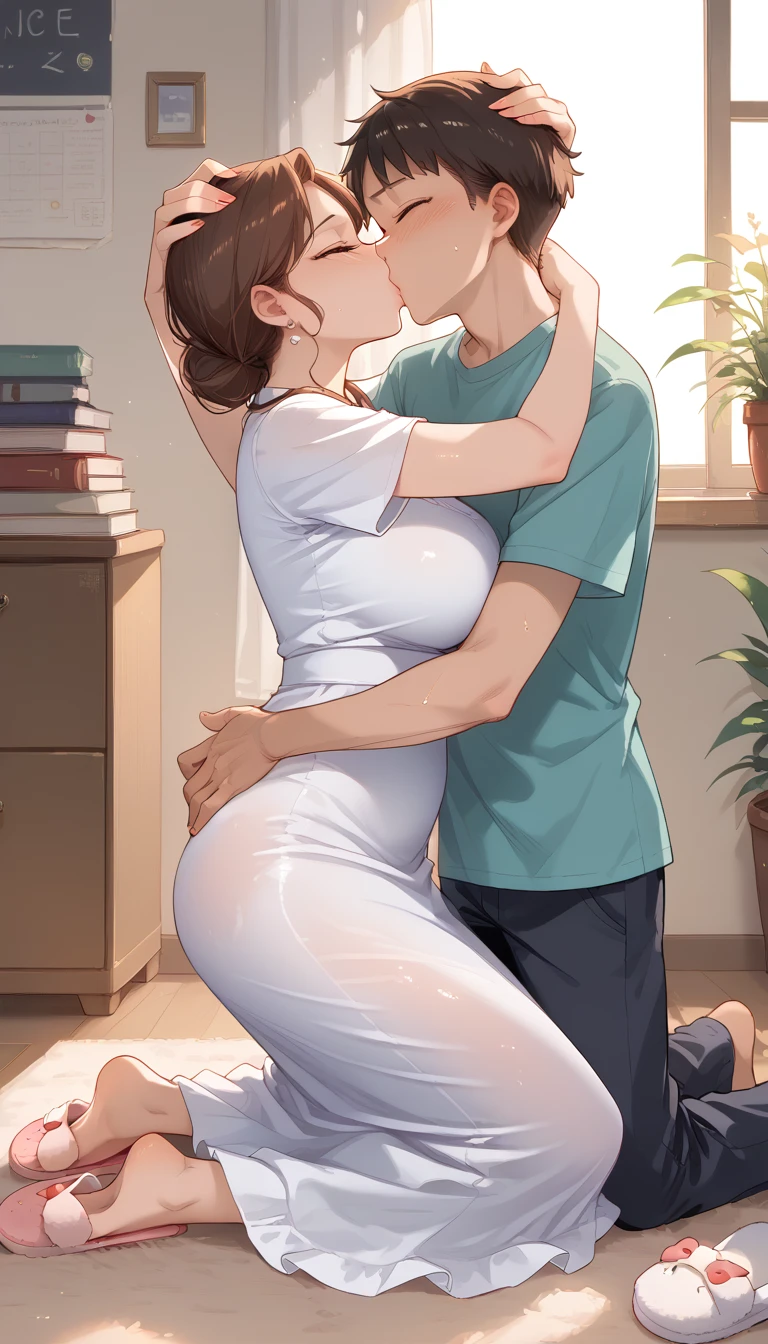 score_9, score_8_up, score_7_up, source_anime, 1boy, 1girl, mature female, mother and son, hug, kiss, hand on head, kneeling, in underwears, student son, after exams, cute mommy, son asking for erotic, wet dress transparent, erotic pose, perfect face, expensive eyes, she push hee hips side, housewife outfit, slippers,  detailed room, livingroom, its his reward for good assessments, horny eyes, horny sight, mommy neutral nails, wanna sex, perfect feets, focus feets, cinematic, masterpiece,