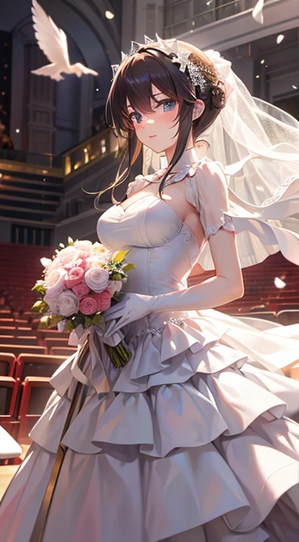 wedding gown,auditorium,Flying white doves,Holding roses in hand,divino