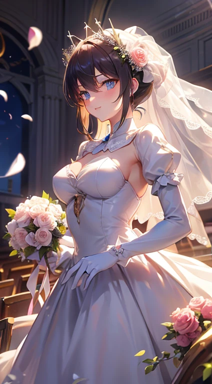 wedding gown,auditorium,Flying white doves,Holding roses in hand,divino