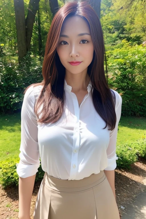dark brown hair, light brown eyes, Japanese actress face, adult women, Face is around 40 years old, (intricate details: 1.2), (best quality: 1.4), (ultra high definition: 1.2), ultra high resolution, (detailed eyes), (detailed facial features), HDR, 8K resolution, Terrace in the woods, good sized chest, Wearing a thin, see-through blouse shirt, See-through bra, Wearing a thin, see-through tight mini skirt, hip, hip showing towards us, Smooth knees, Short hair, Short hair,